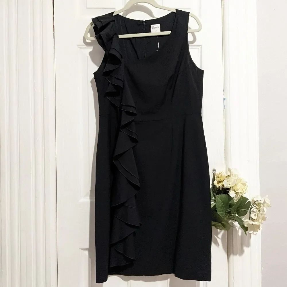Red Valentino Ruffle Black Dress Midi Virgin Wool Blend
